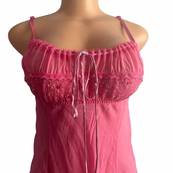 Victoria's Secret Y2K Pink Silk Babydoll Lingerie Milkmaid Lace - Picture 2 of 9